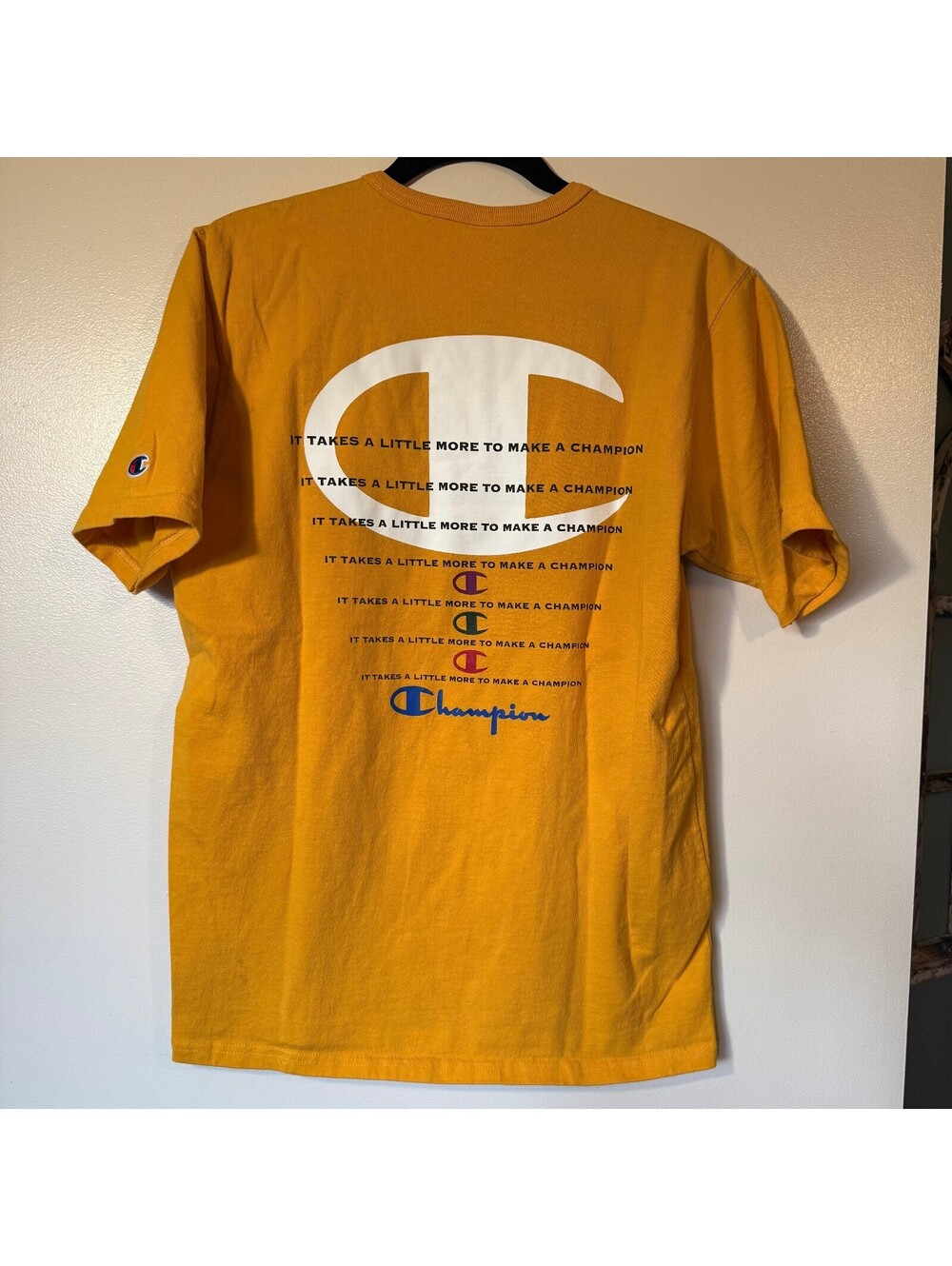 Vintage 90s Champion Graphic T-Shirt Gold Mustard Spellout Back Print M - Picture 6 of 8